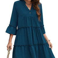 Frill Trim Three-Quarter Flare Sleeve Dress