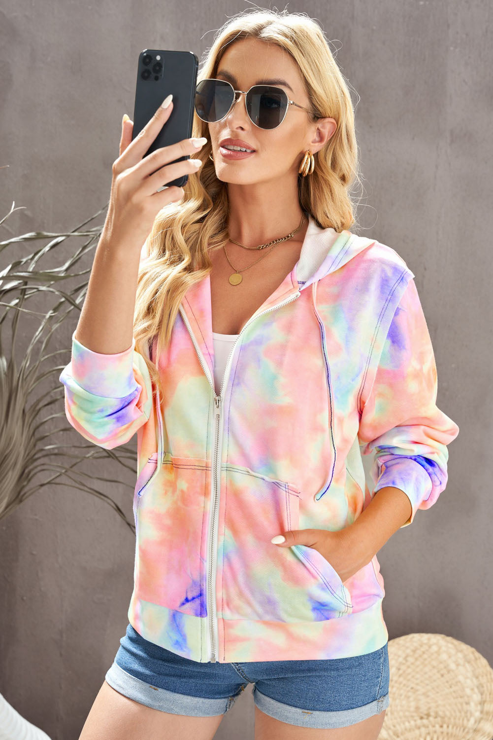 Tie-Dye Drawstring Detail Zip Up Hooded Jacket