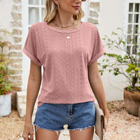 Full Size Round Neck Eyelet Short Sleeve Top