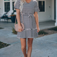 Striped Tie-Waist Frill Trim V-Neck Dress