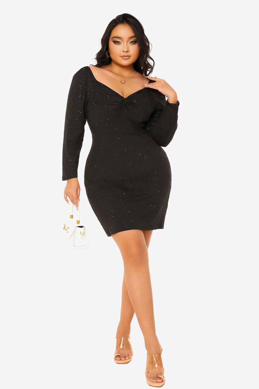 Plus Size Glitter Sweetheart Neck Long Sleeve Dress