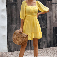 Tie-Back Ruffled Hem Square Neck Mini Dress