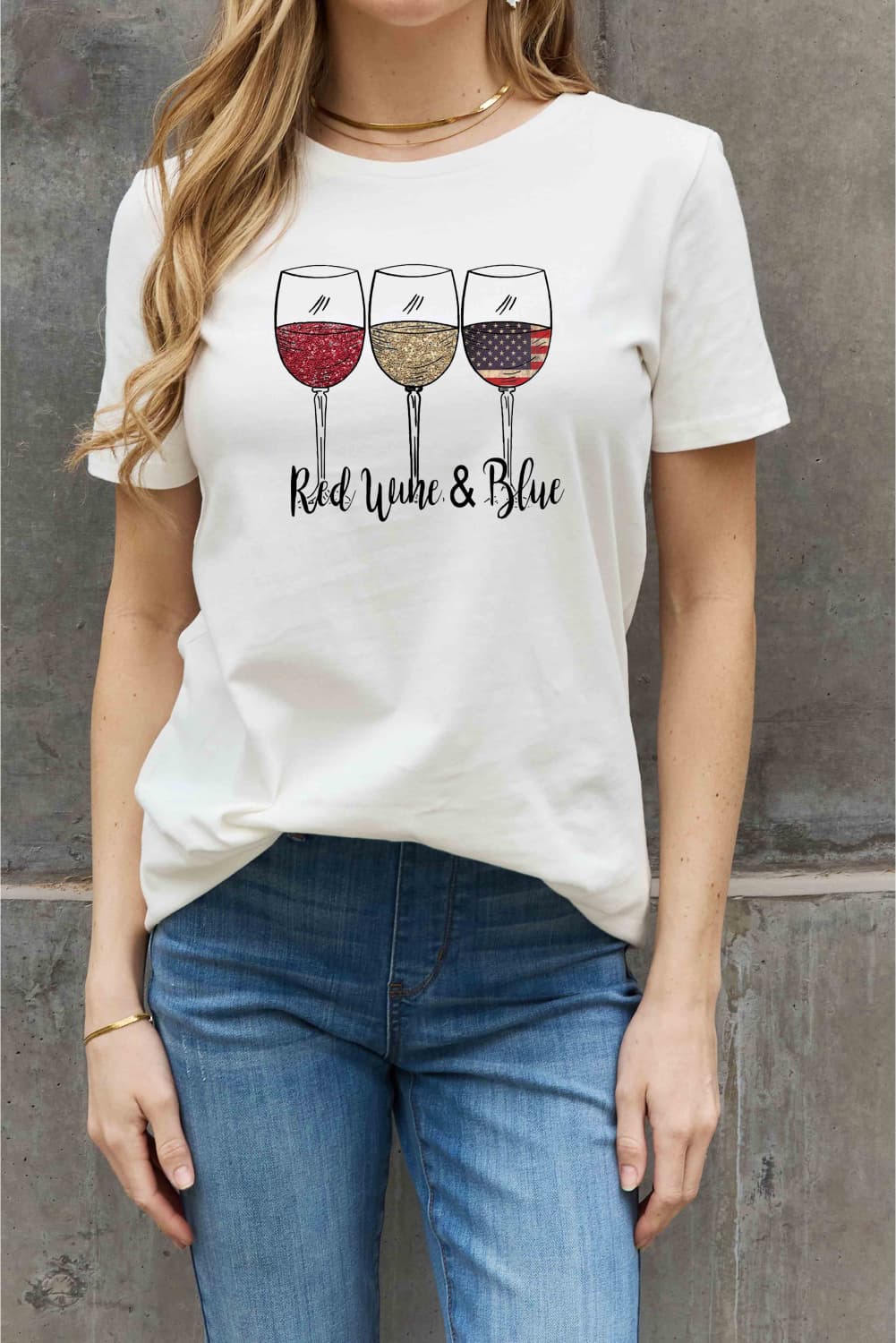 Simply Love Full Size RED WINE & BLUE Graphic Cotton Tee