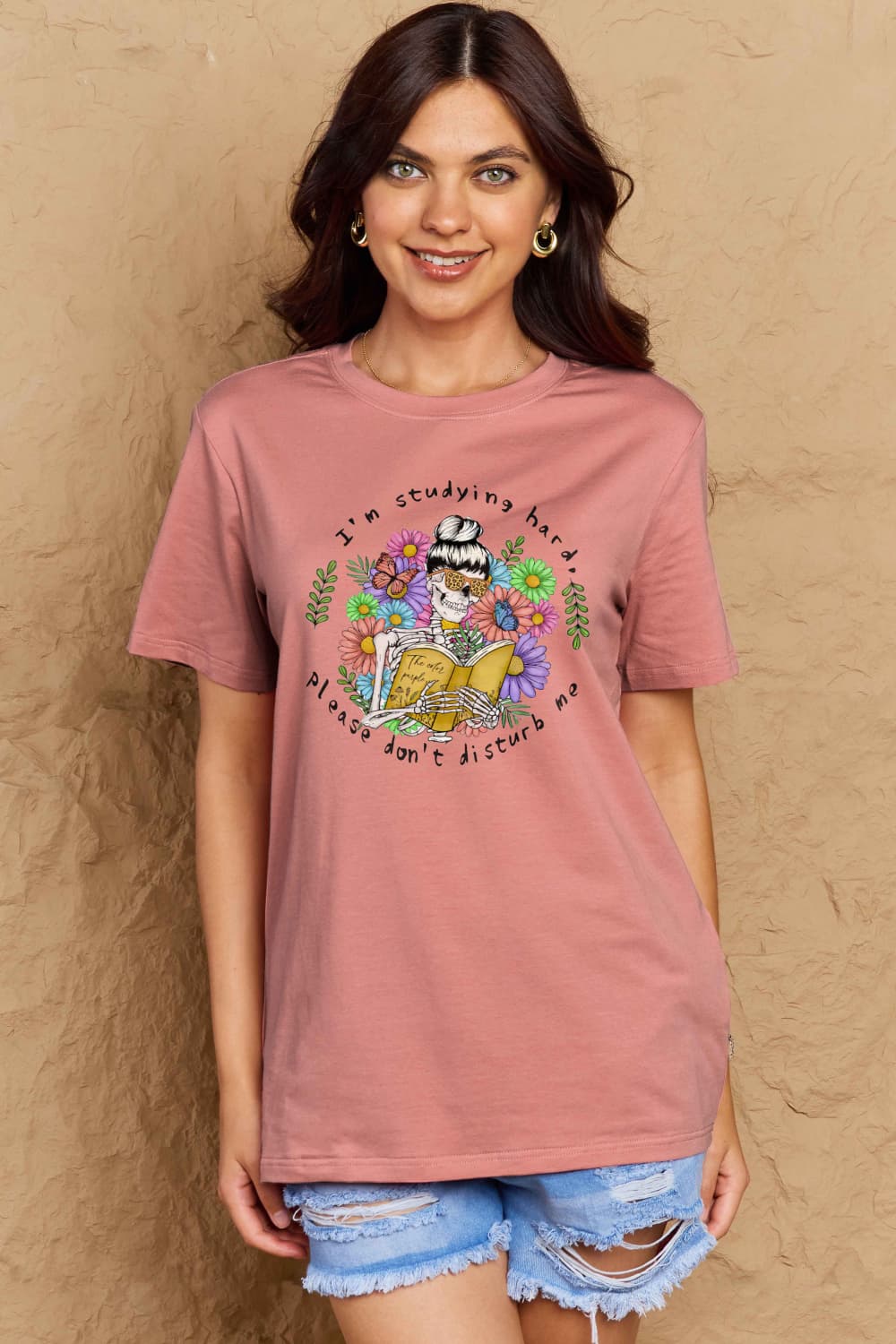 Simply Love Full Size Reading Skeleton Graphic Cotton Tee