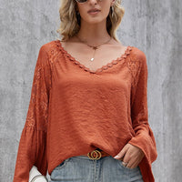 V-Neck Spliced Lace Flare Sleeve Top