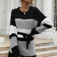 Color Block Belted Round Neck Sweater Dress