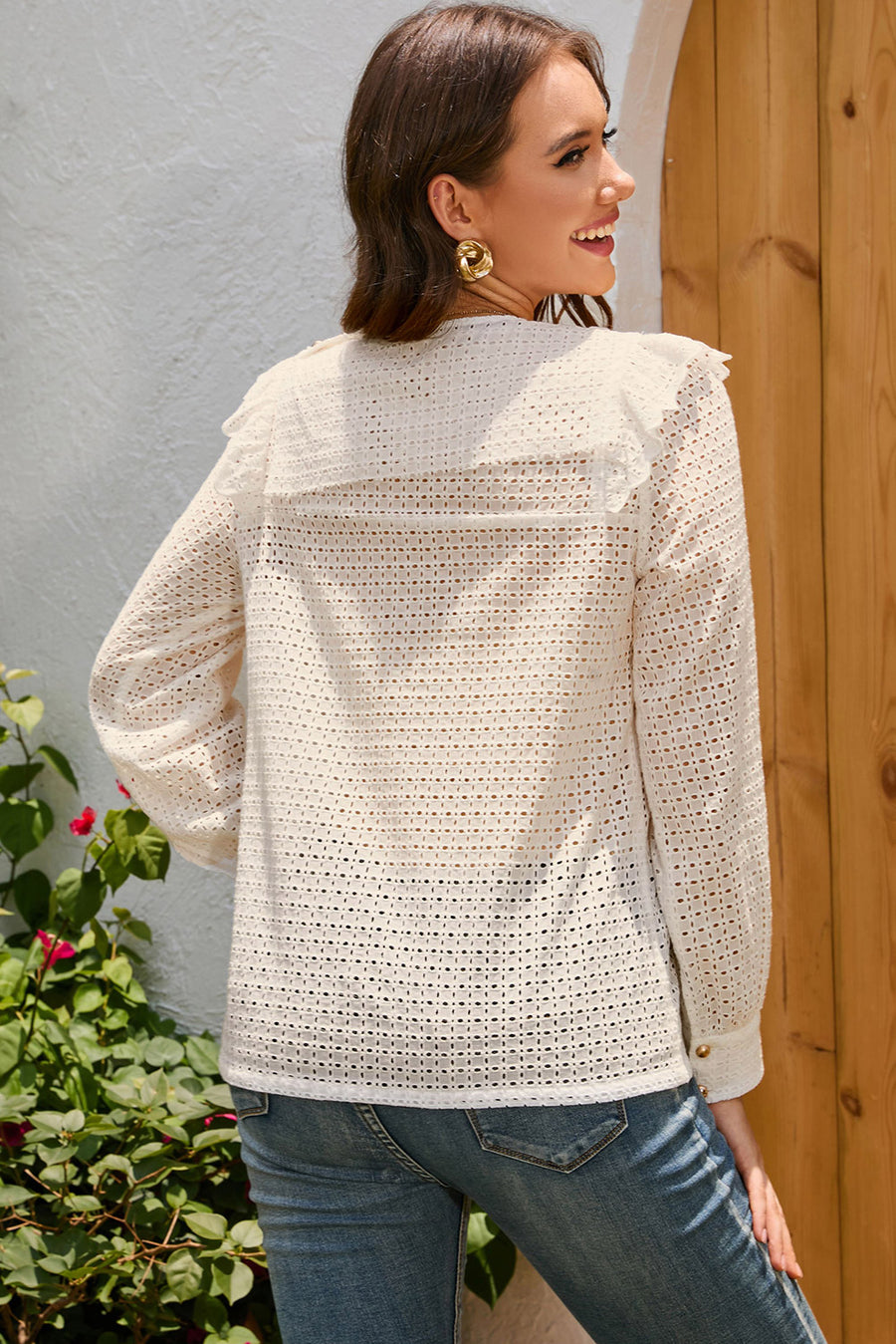 Ruffled Round Neck Eyelet Blouse