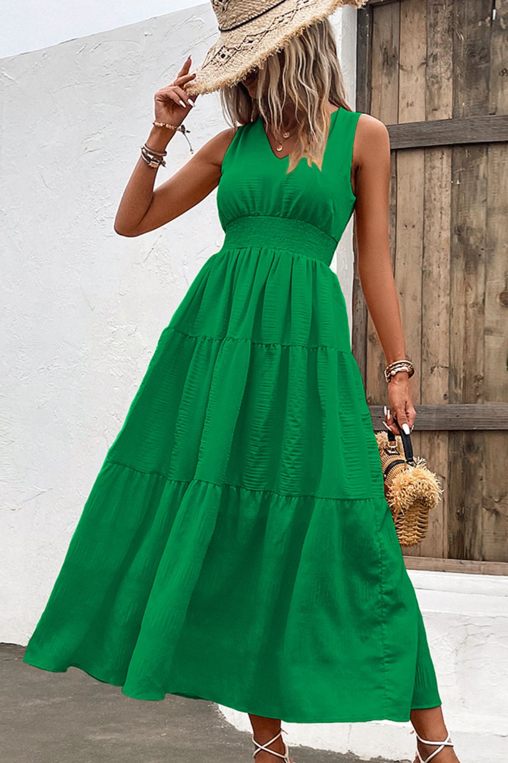 V-Neck Smocked Waist Sleeveless Tiered Dress