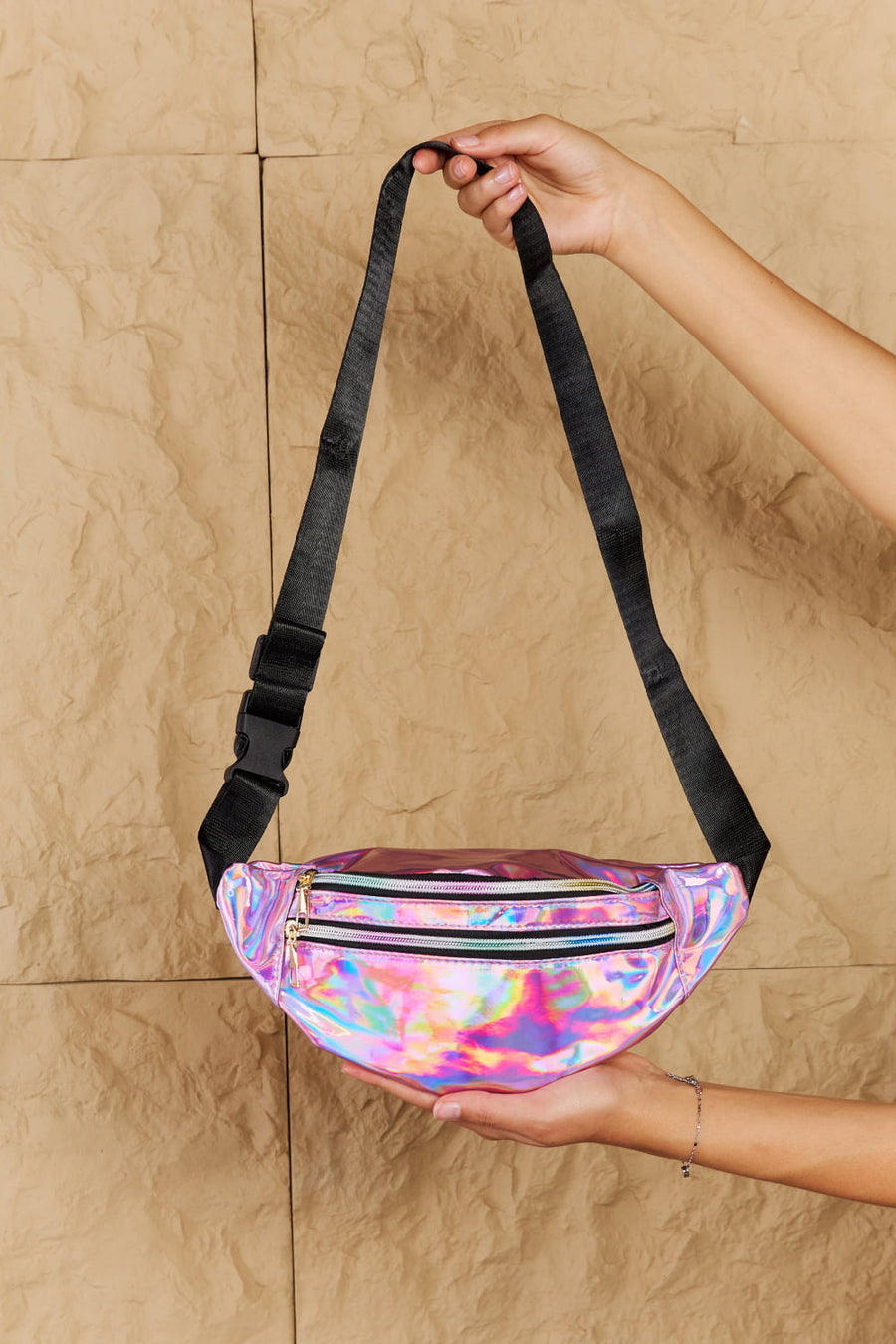 Holographic Double Zipper Fanny Pack in Hot Pink