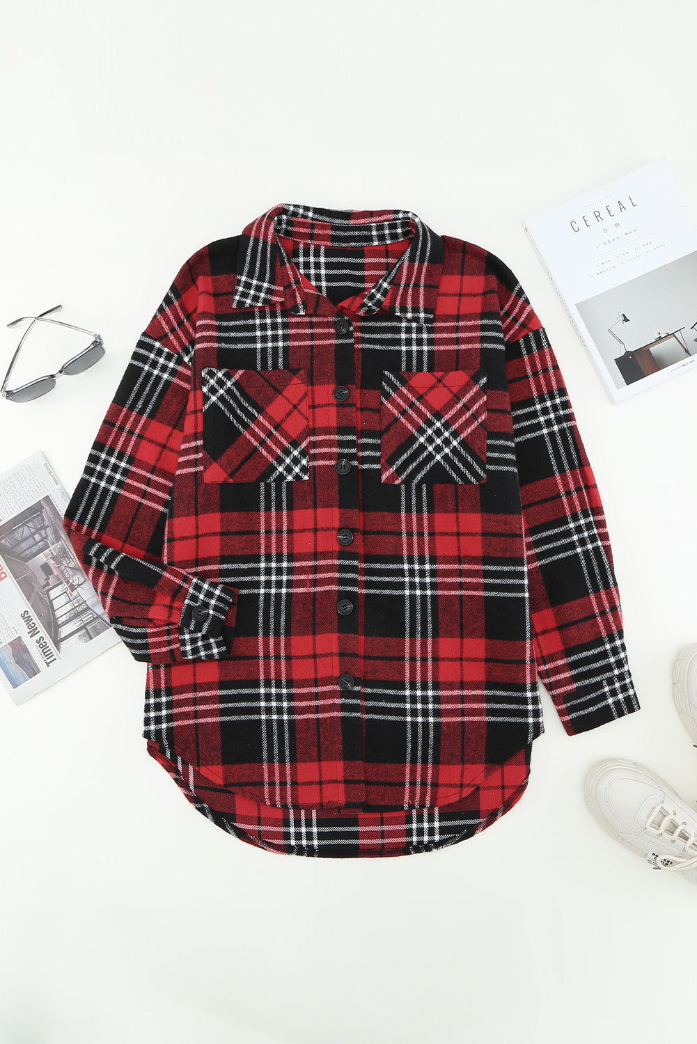 Plaid Curved Hem Longline Shacket