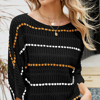 Striped Openwork Three-Quarter Sleeve Knit Top