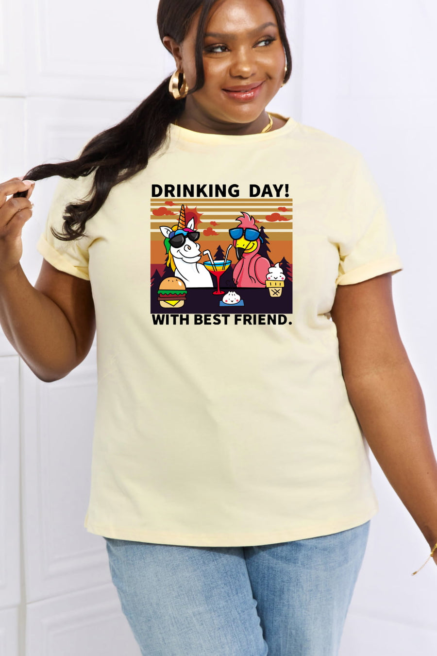 Simply Love Full Size DRINKING DAY! WITH BEST FRIEND Graphic Cotton Tee