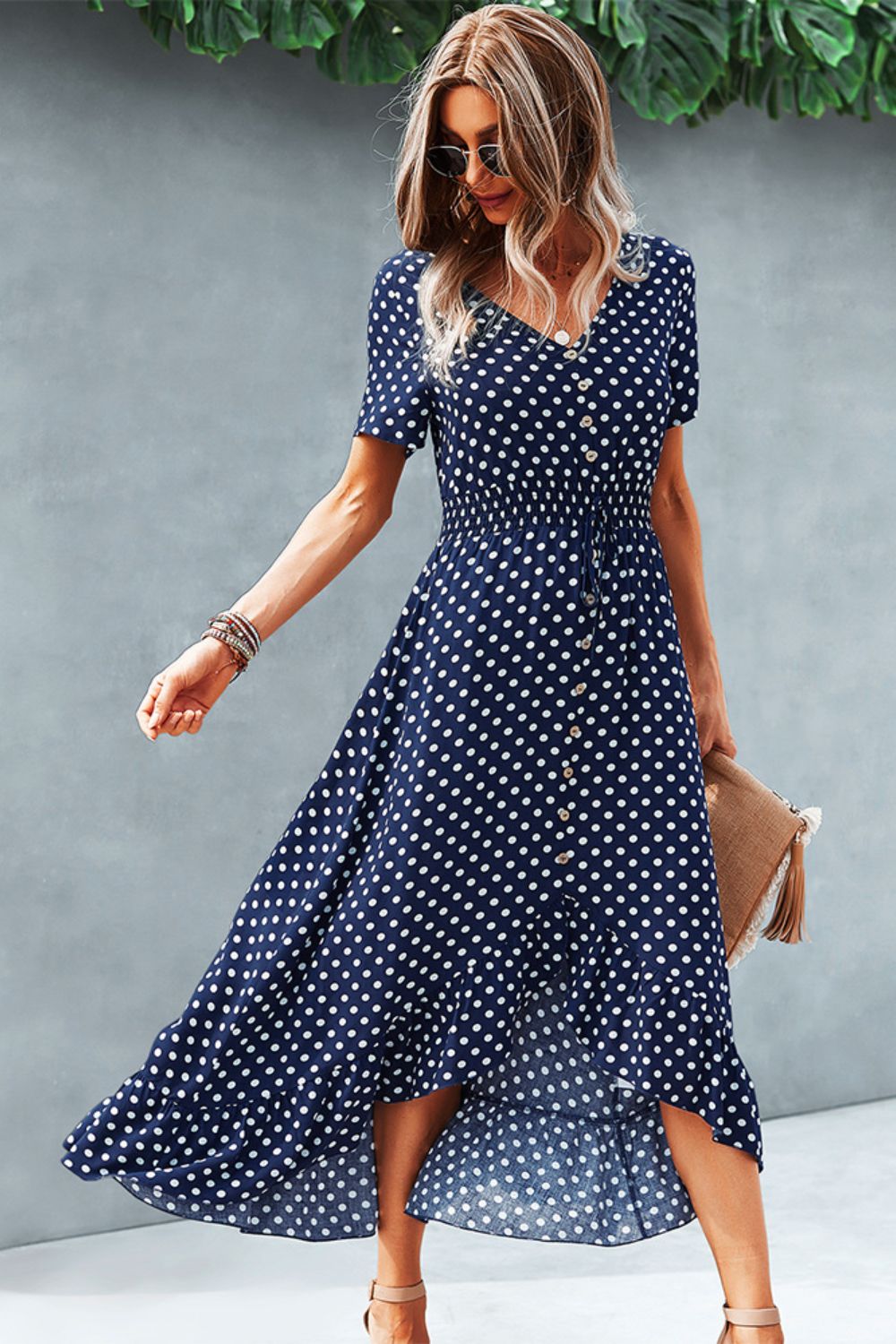 Polka Dot Ruffle Hem V-Neck Short Sleeve Midi Dress