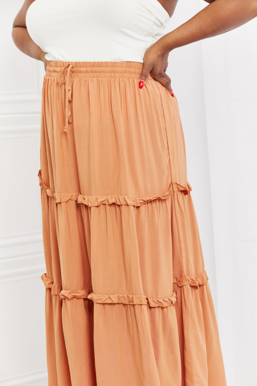 Zenana Summer Days Full Size Ruffled Maxi Skirt in Butter Orange