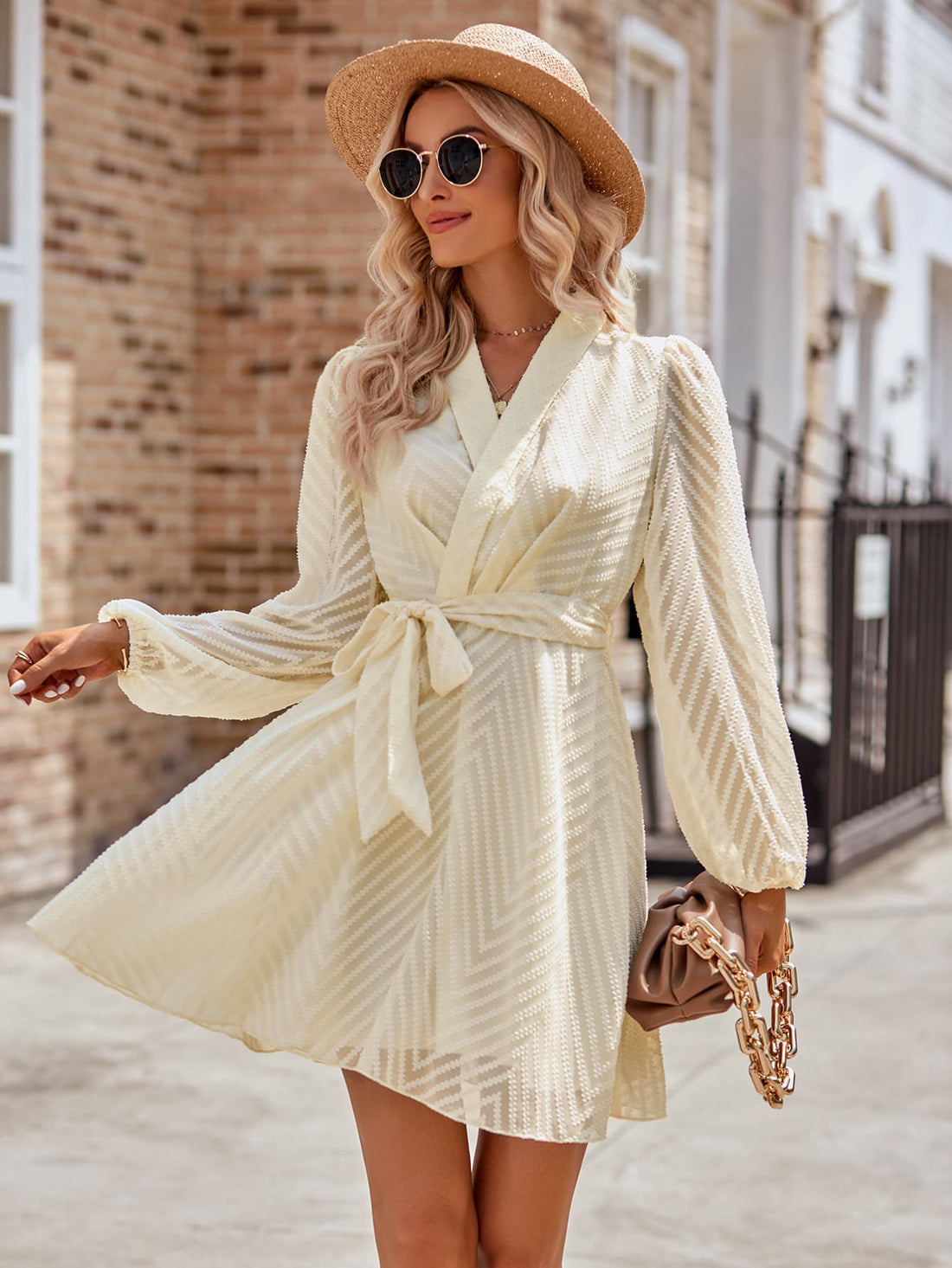 Belted Surplice Neck Long Sleeve Mini Dress