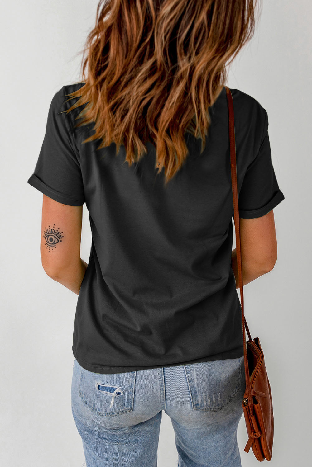 AMERICA Embroidered Round Neck Cuffed Tee Shirt