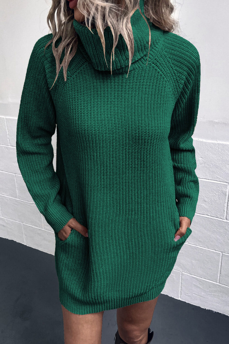 Turtleneck Raglan Sleeve Rib-Knit Dress with Pockets