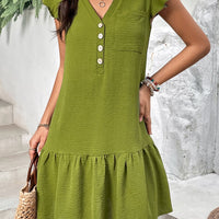 Buttoned Notched Neck Flutter Sleeve Dress