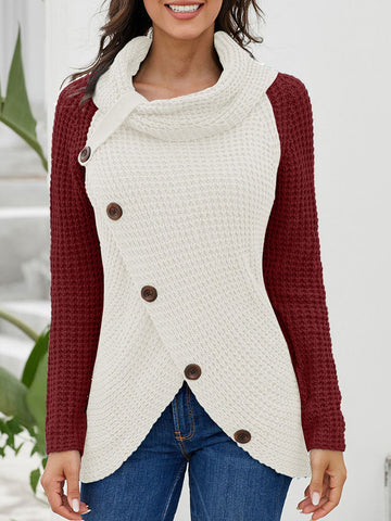 Two-Tone Waffle Knit Tulip Hem Tunic Sweater