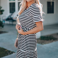 Striped Tie-Waist Frill Trim V-Neck Dress