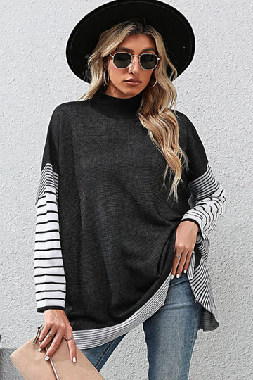 Striped Dolman Sleeve Mock Neck Pullover