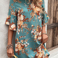 Floral Print Round Neck Flounce Sleeve Mini Dress