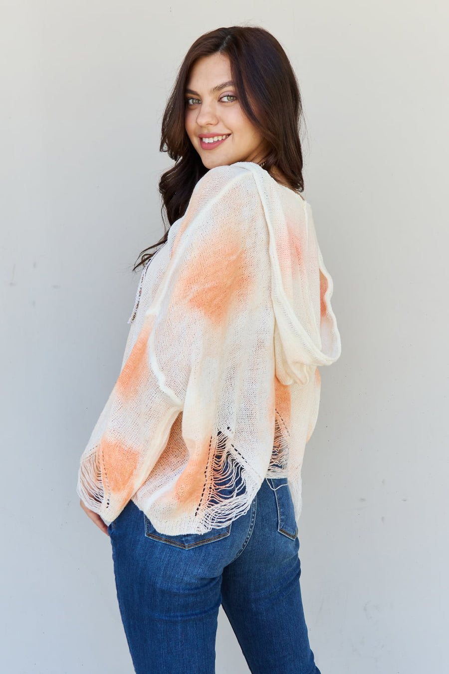 POL Mix It Up Tie Dye Hooded Distressed Sweater in Ivory/Orange