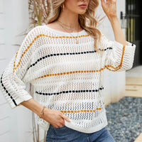 Striped Openwork Three-Quarter Sleeve Knit Top