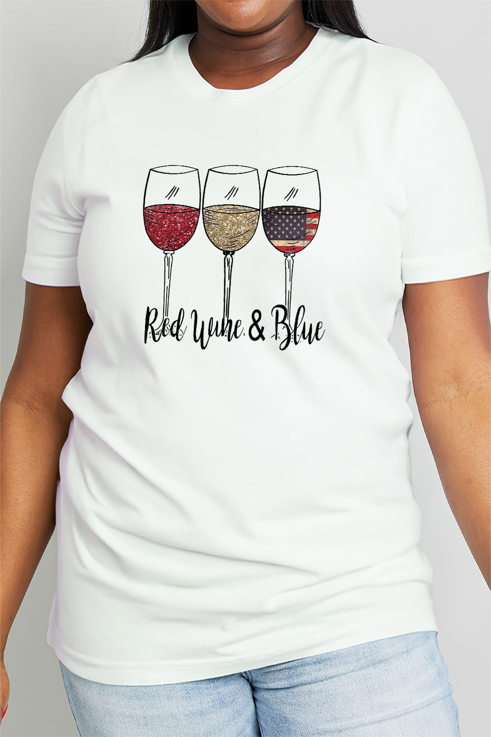 Simply Love Full Size RED WINE & BLUE Graphic Cotton Tee