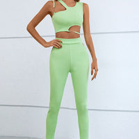 Asymmetrical Ribbed Cutout Tank and Pants Set