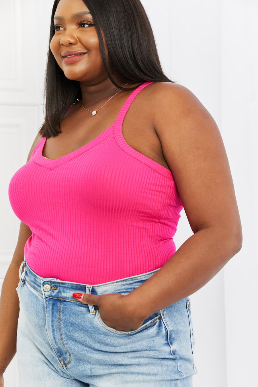 Zenana Full Size V-Neck Ribbed Cami in Hot Pink