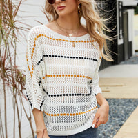 Striped Openwork Three-Quarter Sleeve Knit Top