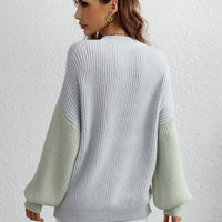 Two-Tone Rib-Knit Dropped Shoulder Sweater