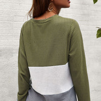 Color Block Waffle Knit V-Neck Top