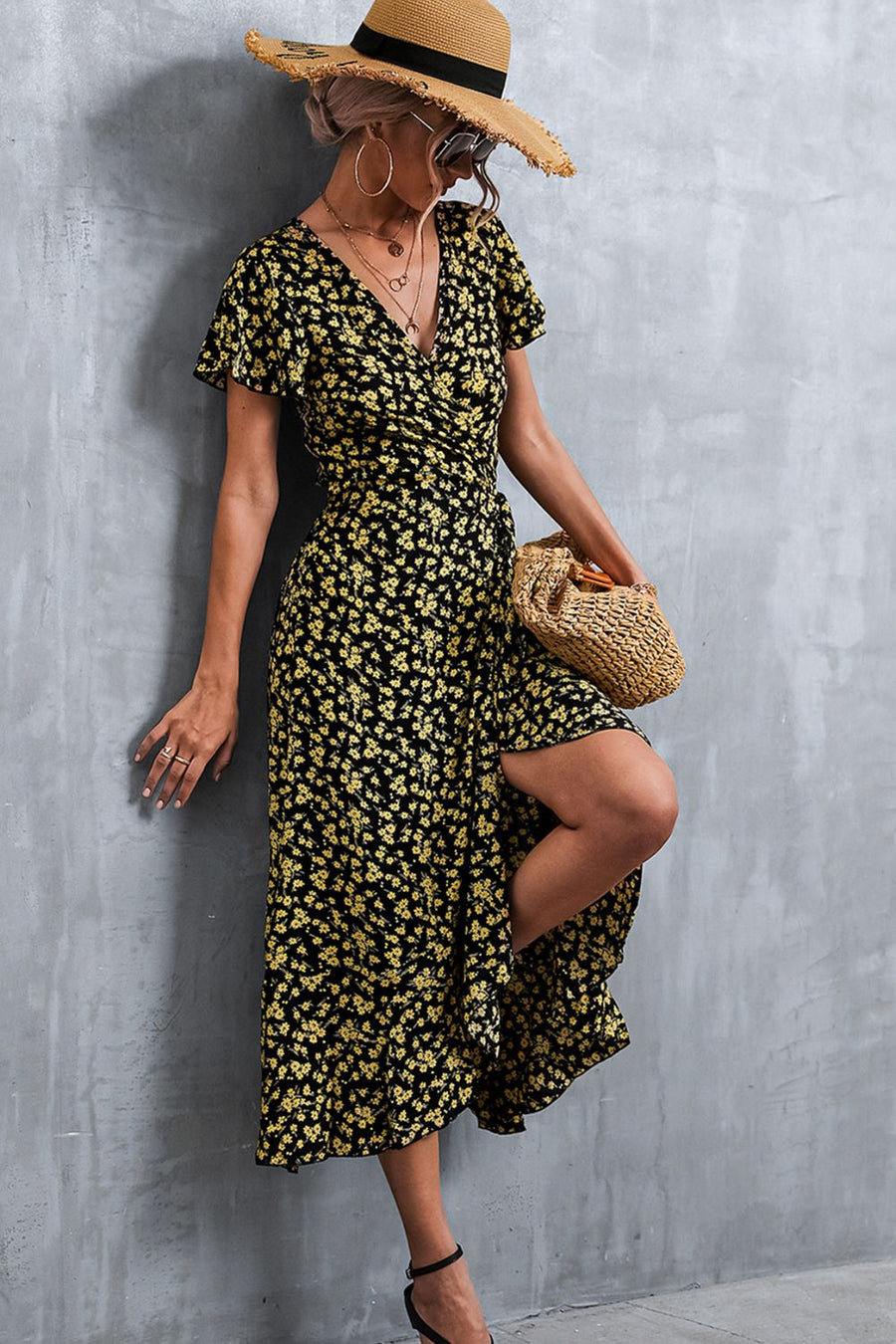 Floral Surplice Neck Tied Midi Dress