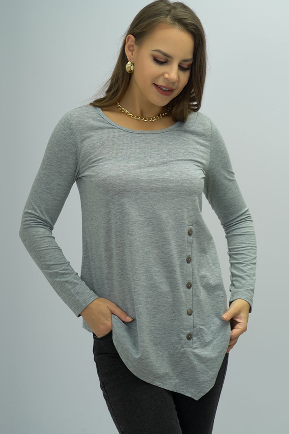 Buttoned Long Sleeve Round Neck Top