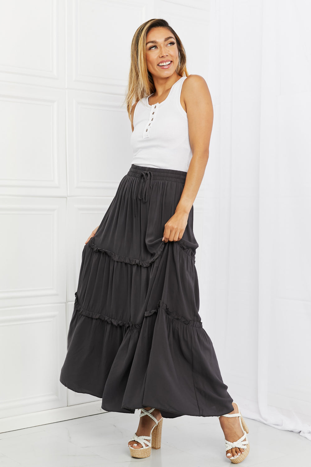 Zenana Summer Days Full Size Ruffled Maxi Skirt in Ash Grey