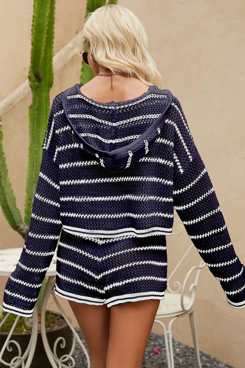 Striped Openwork Knit Hoodie and Shorts Set