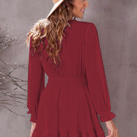 Tied Plunge Smocked Waist Flounce Sleeve Dress