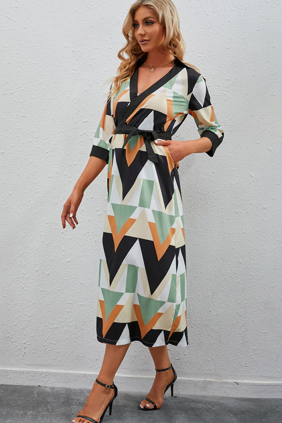 Printed Three-Quarter Sleeve Tied Midi Dress