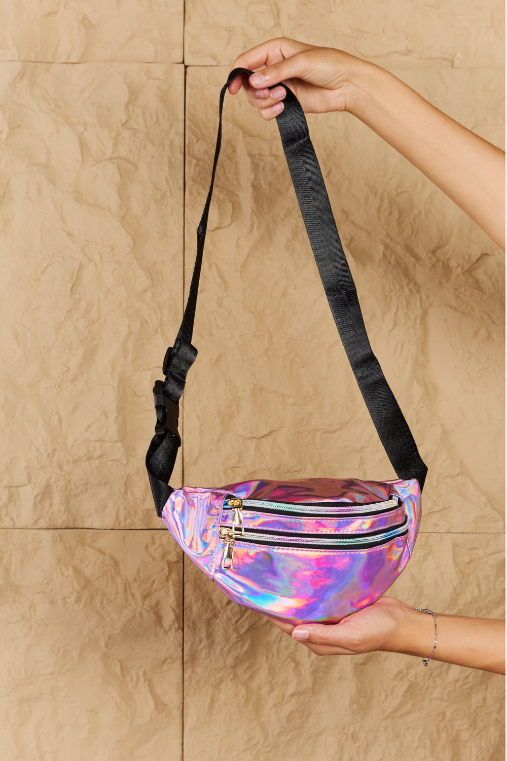 Holographic Double Zipper Fanny Pack in Hot Pink