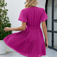 Surplice Neck Tie Waist Flutter Sleeve Pleated Dress