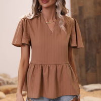 Ribbed Flutter Sleeve Notched Peplum Blouse