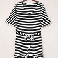 Striped Tie-Waist Frill Trim V-Neck Dress