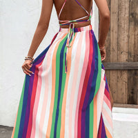 Multicolored Stripe Crisscross Backless Dress