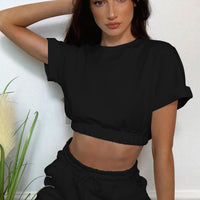 Short Sleeve Cropped Top and Drawstring Shorts Lounge Set