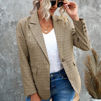 Plaid Lapel Collar Button Cuff Blazer