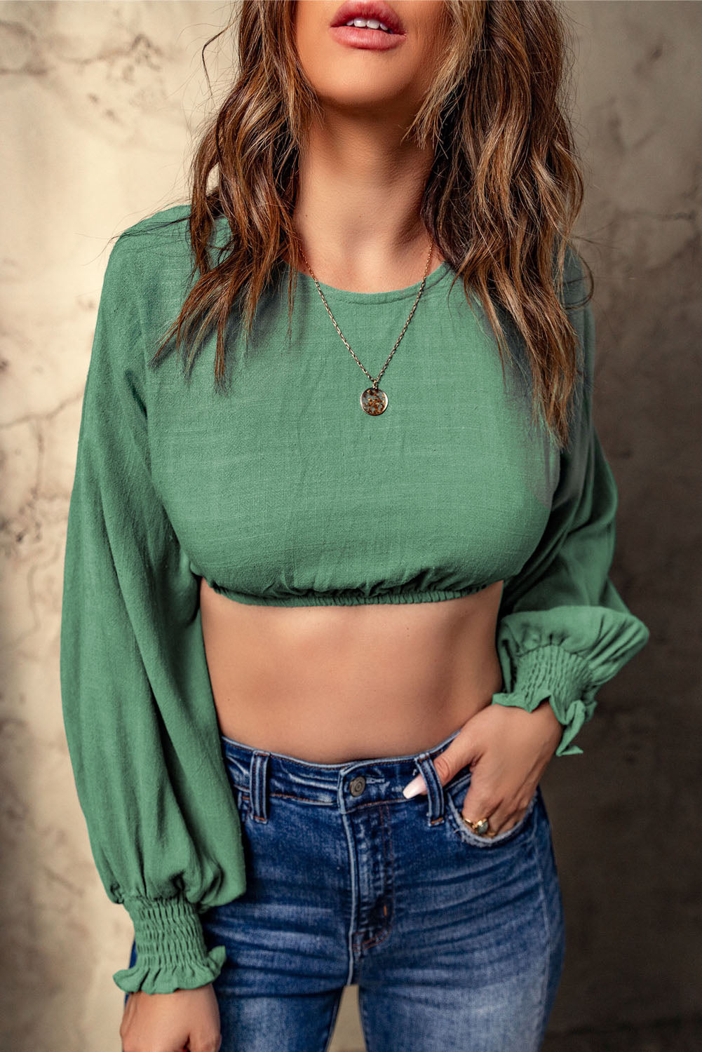 Round Neck Lantern Sleeve Cropped Top