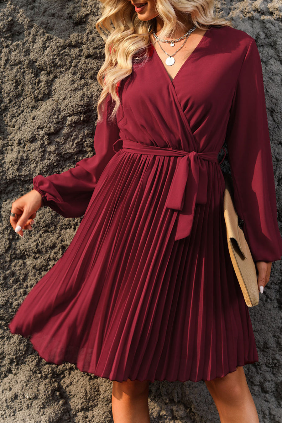 Tie Belt Balloon Sleeve Pleated Dress