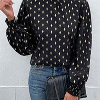 Geometric Print Frill Neck Lantern Sleeve Blouse